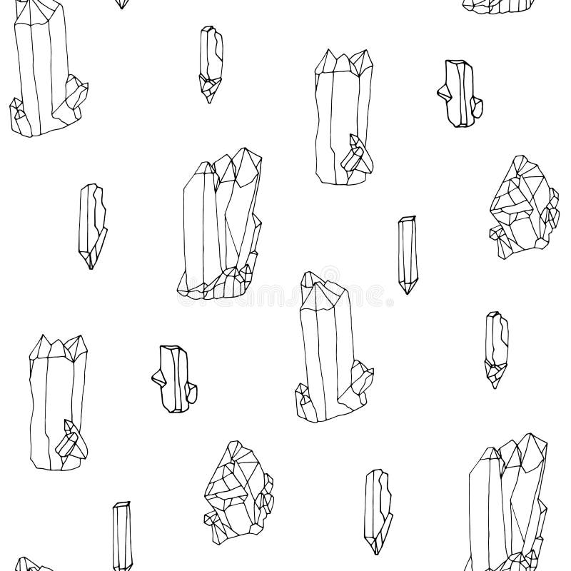 Monochrome seamless pattern with hand drawn crystals on white background. Vector royalty free illustration