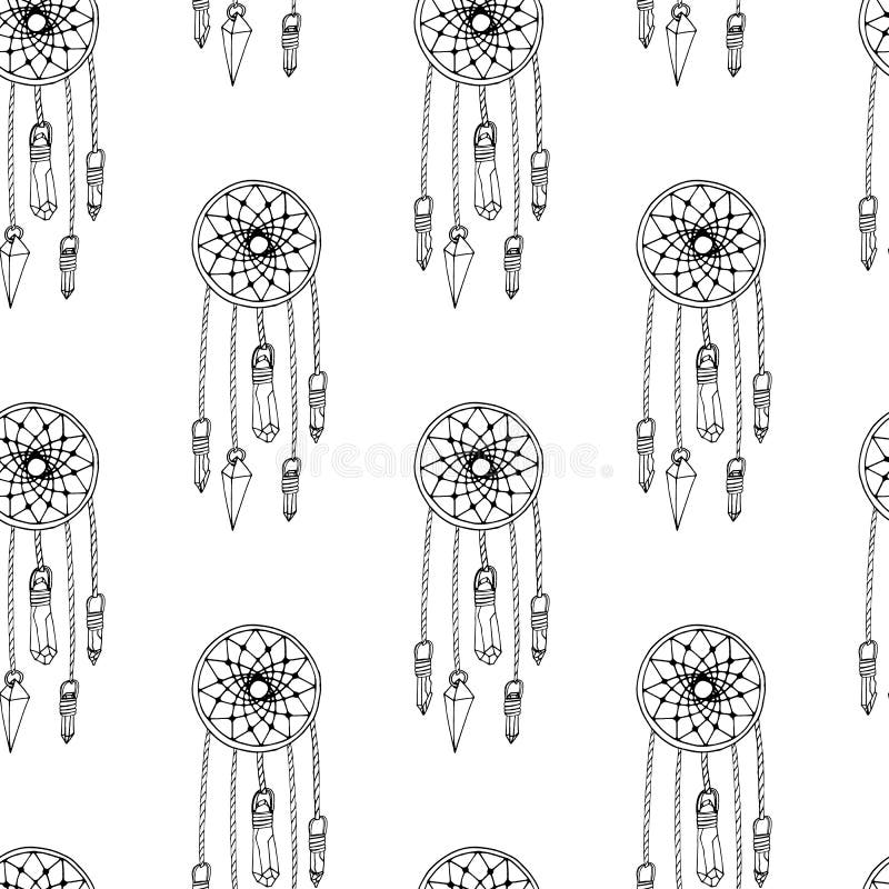 Monochrome seamless pattern with hand drawn dreamcatchers on white background. Vector vector illustration