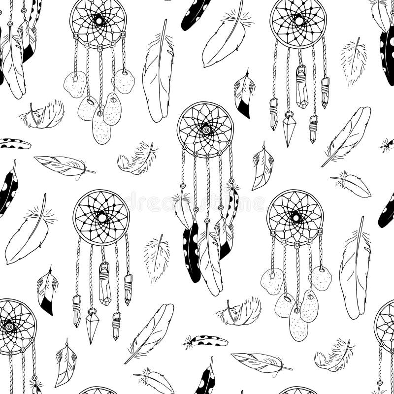 Monochrome seamless pattern with hand drawn dreamcatchers on white background. Vector vector illustration
