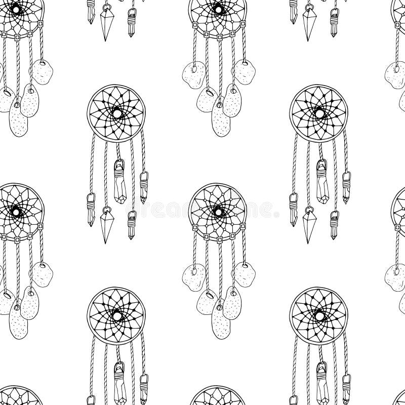 Monochrome seamless pattern with hand drawn dreamcatchers on white background. Vector royalty free illustration