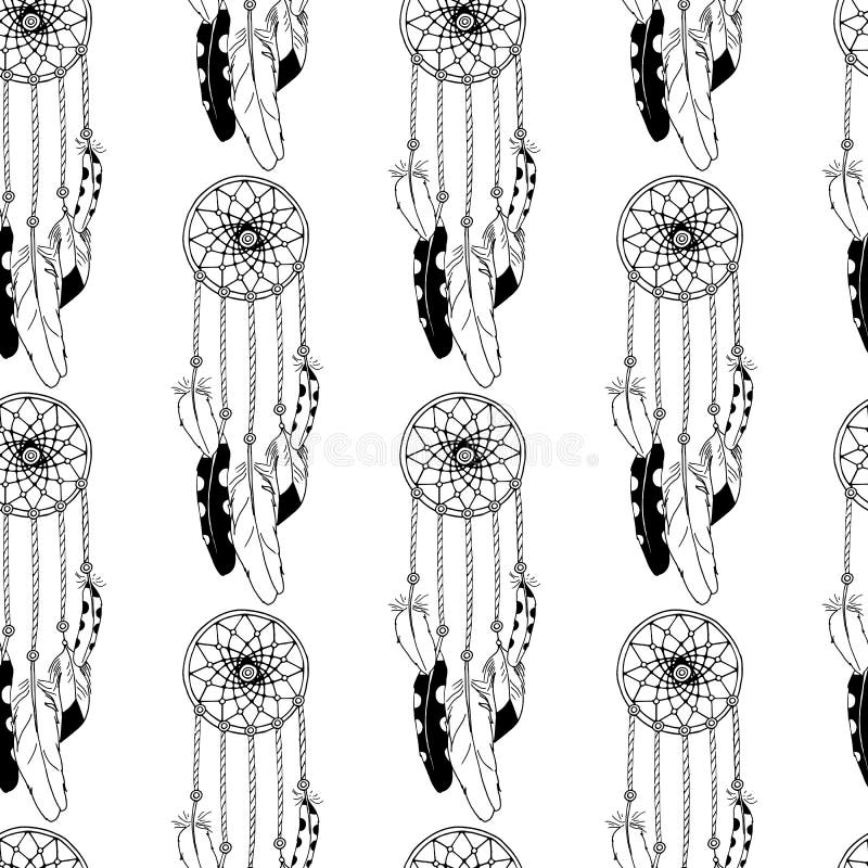 Monochrome seamless pattern with hand drawn dreamcatchers on white background. Vector stock illustration