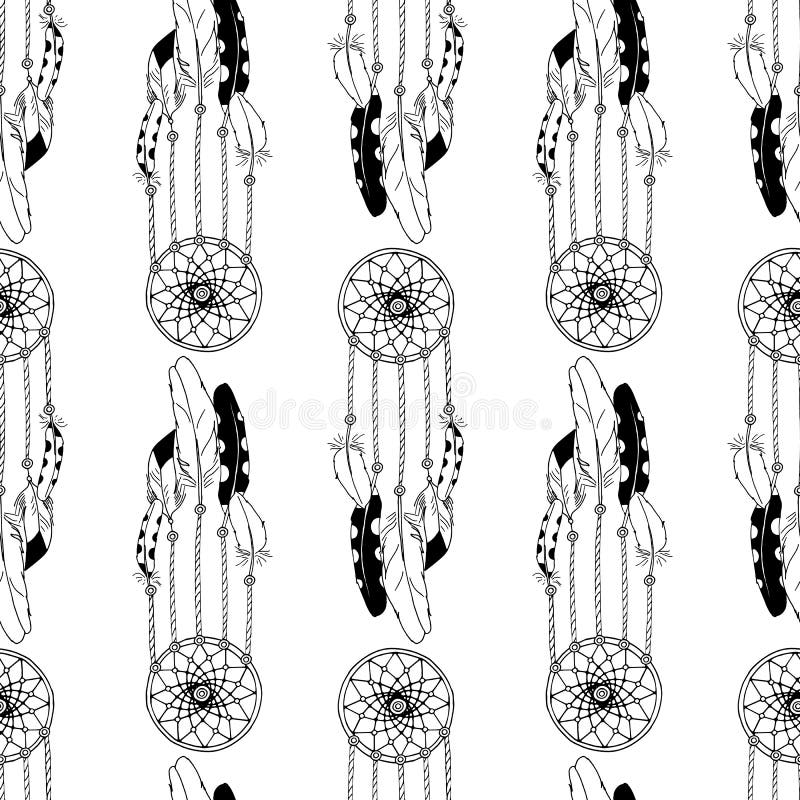 Monochrome seamless pattern with hand drawn dreamcatchers on white background. Vector vector illustration