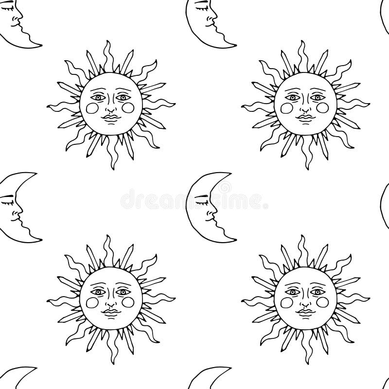Monochrome seamless pattern with hand drawn suns and crescents on white background. Vector stock illustration