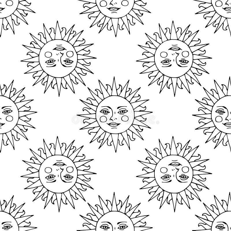Monochrome seamless pattern with hand drawn sunshine on white background. Vector royalty free illustration