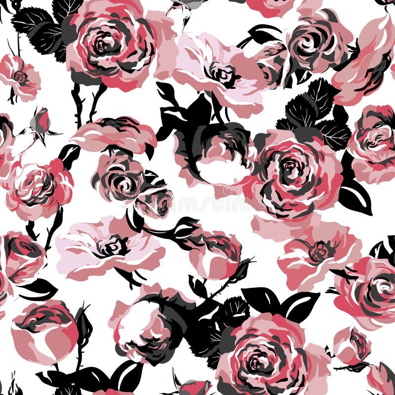 Monochrome Seamless Pattern with Vintage Roses stock illustration