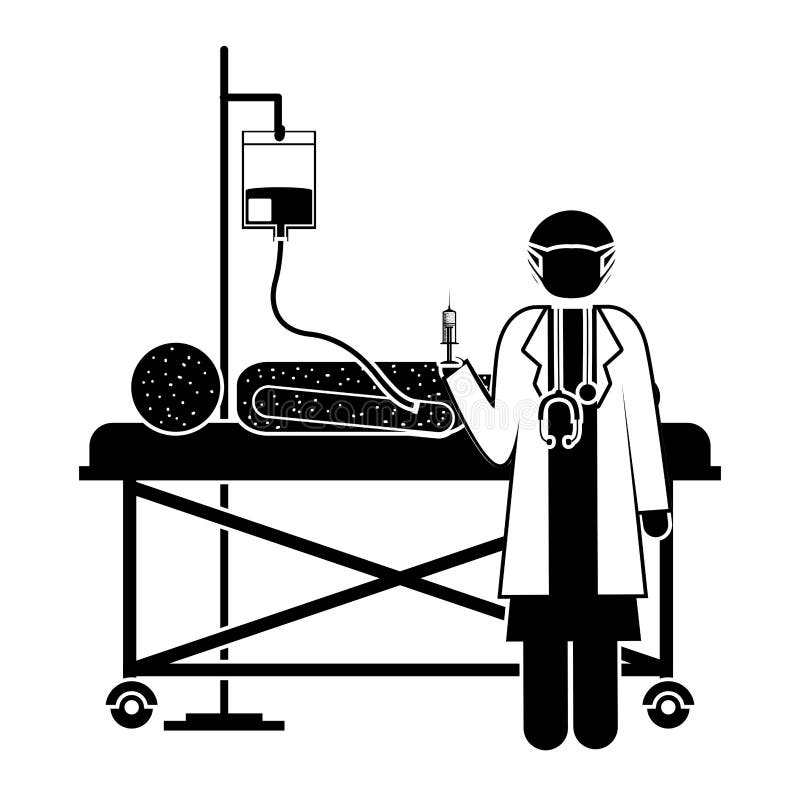 Monochrome silhouette with man hospitalized and the doctor. 