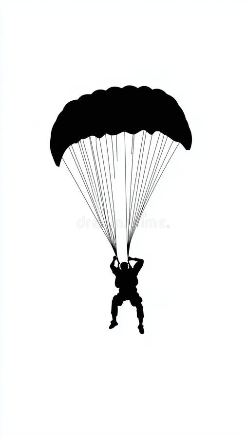 A monochrome silhouette of a person parachuting with the parachute fully deployed. White background. vector illustration