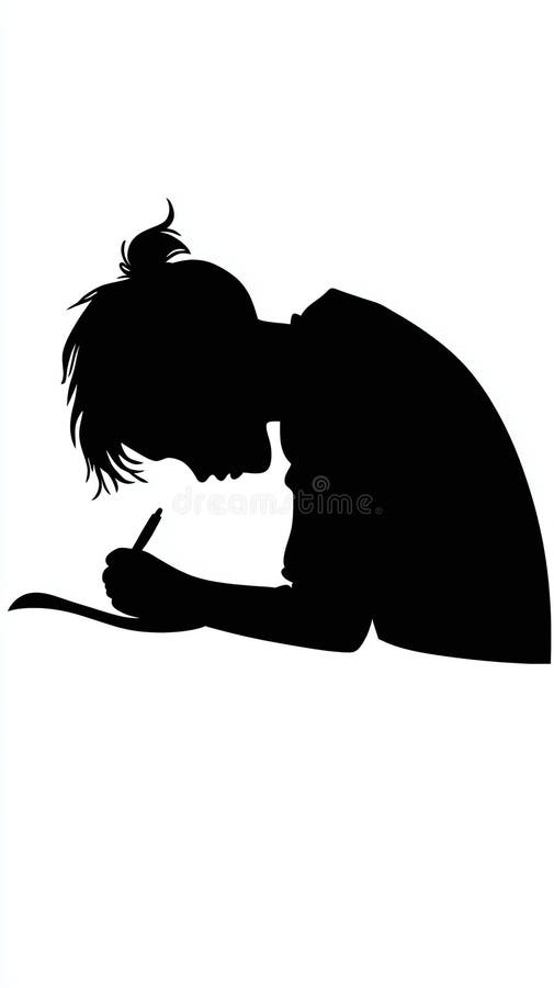 A monochrome silhouette of a person writing on a notepad head slightly bowed. White background. vector illustration