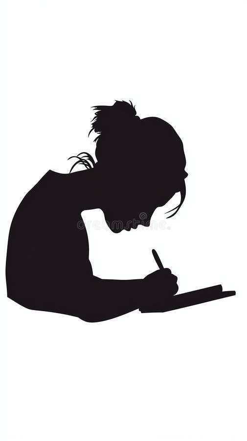 A monochrome silhouette of a person writing on a notepad head slightly bowed. White background. royalty free illustration