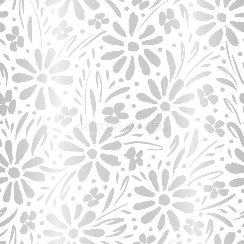 Monochrome silver gradient hand-painted daisies and foliage on white background vector seamless patters. Floral print