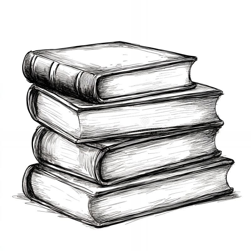 A detailed sketch of a stack of four books with visible spines and covers on a white background vector illustration
