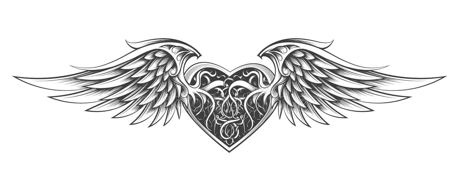 Winged Sacred Heart Tattoo in Engraving Style