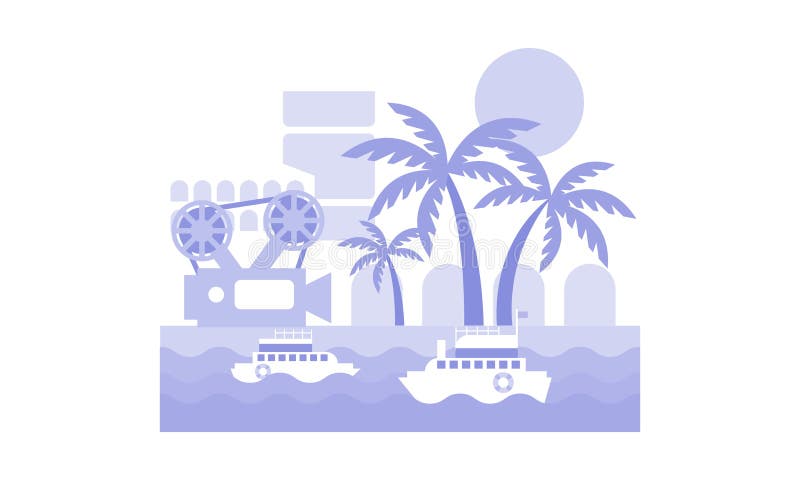 Monochrome vector landscape with ships in sea, palm trees, film strip and camera. Cinema festival in Nice