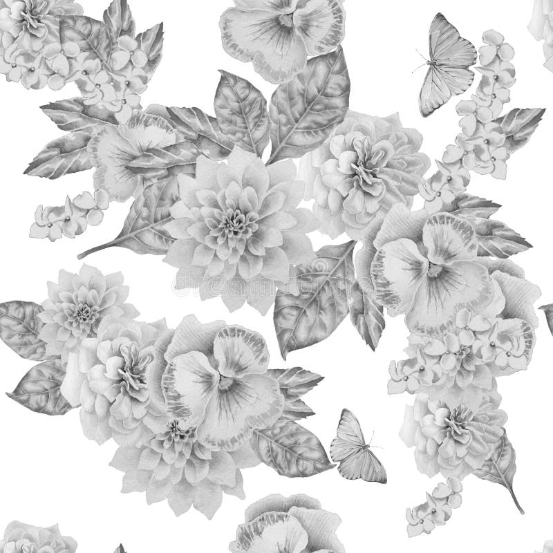 Monochrome безшовная картина с красивыми цветками и бабочкой pansies Пион иллюстрация вектора Monochrome безшовная картина с красивыми цветками и бабочкой pansies Пион иллюстрация вектора