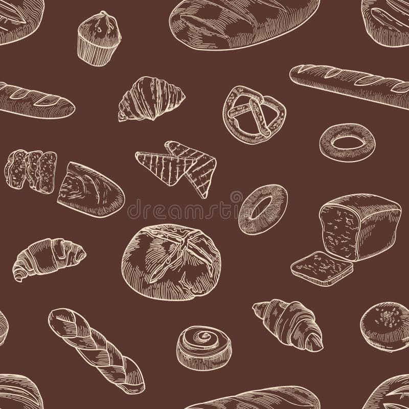 Monochrome безшовная картина с различными типами руки хлеба и печенья нарисованной с линиями контура на темной предпосылке иллюстрация вектора Monochrome безшовная картина с различными типами руки хлеба и печенья нарисованной с линиями контура на темной предпосылке иллюстрация вектора
