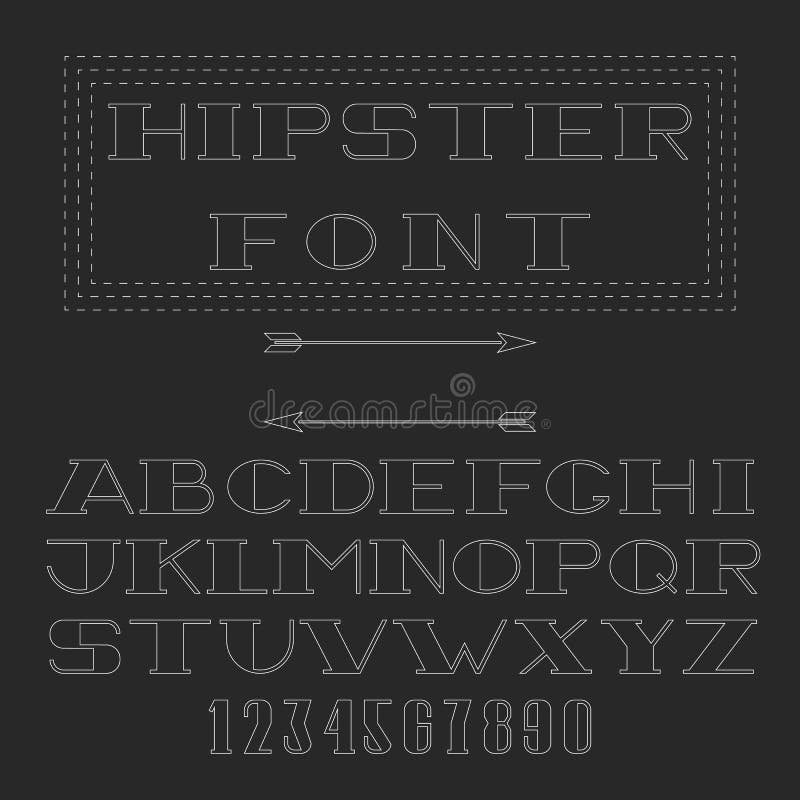Monogram font, thin line mockup hipster alphabet and numbers, black white design element for wedding invitation stock illustration