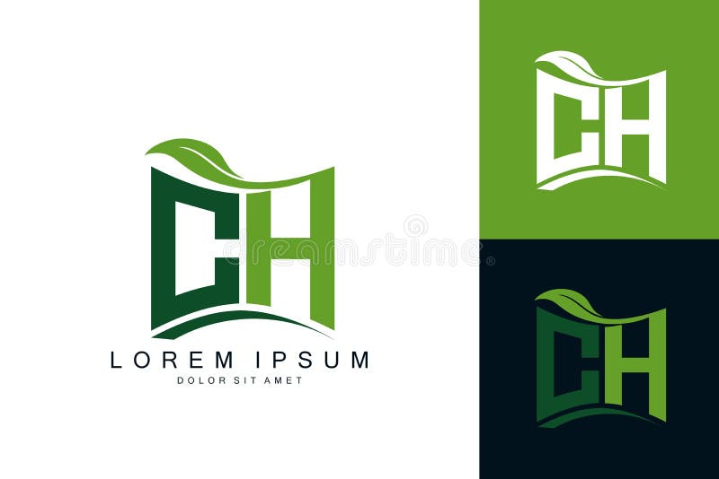 Monogram logo ch z zielonym liściem natura organiczny kształt zakrzywiony organicznie wzór wektora premium