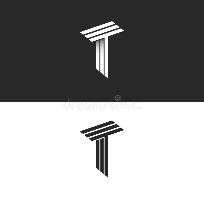 Monograma T listowego logo inicjałów wpólnie TTT czarny i biały isometric ikona, 3D modnisia typografii projekta element