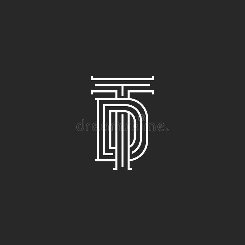 Monograma TD ou iniciais do descolamento do logotipo, uma combinação de duas letras cruzadas T e D, arte linear do emblema do cas