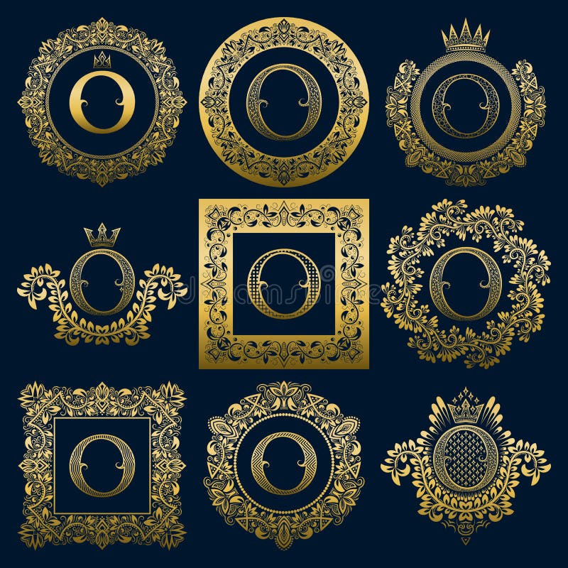 Monogrammes de vintage réglés de la lettre d'O Logos héraldiques d'or dans les guirlandes, en rond et les cadres carrés illustration de vecteur Monogrammes de vintage réglés de la lettre d'O Logos héraldiques d'or dans les guirlandes, en rond et les cadres carrés illustration de vecteur