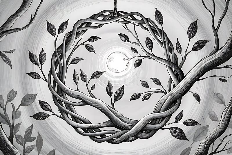 Monokrom botaniska portalen till Lunar Light med Woven Branches and Leaves royaltyfri illustrationer