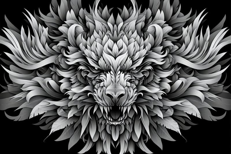 Monokrom illustration av ett hårt lejonhuvud som är mycket detaljerat med blommor- och lövmönster som skapar ett surrealistiskt oc royaltyfri illustrationer