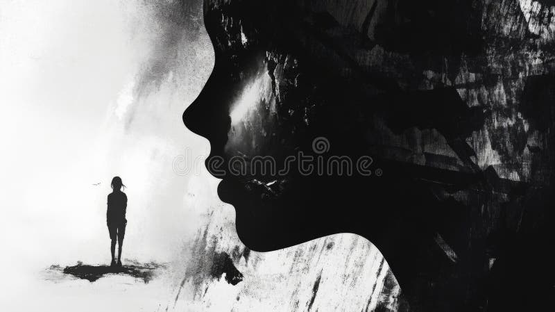 Monokrom Surreal Porträtt : Silhouette of Woman and Distant Figur royaltyfri illustrationer