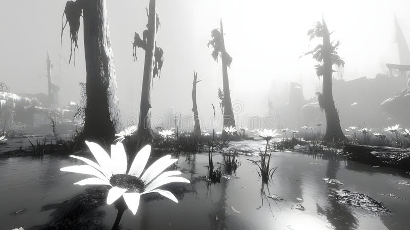 Monokrom svamp liggande Dark Trees White Flowers Water Moody Atmosphere Surreal Scene vektor illustrationer