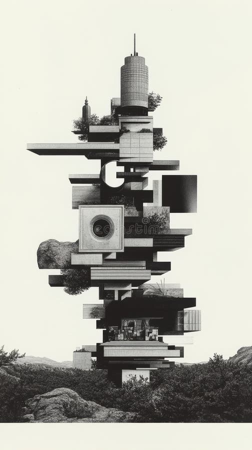 Monokroma teckningar av en futuristisk abstrakt arkitektonisk struktur som flyter ovanför ett surrealistiskt landskap. vektor illustrationer