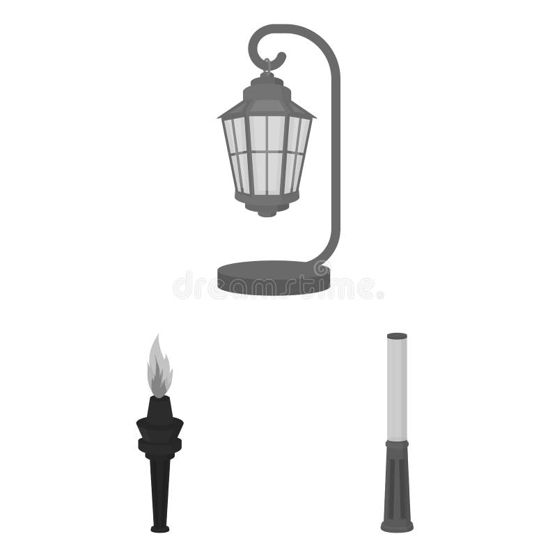 Monokromma symboler för lampstolpe i uppsättningsamlingen för design Lyktan och belysningvektorsymbolet lagerför rengöringsdukill vektor illustrationer Monokromma symboler för lampstolpe i uppsättningsamlingen för design Lyktan och belysningvektorsymbolet lagerför rengöringsdukill vektor illustrationer