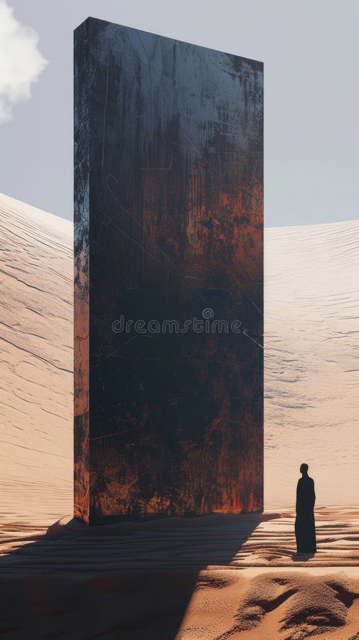 Monolithic structure in a desert with a solitary figure vector illustration