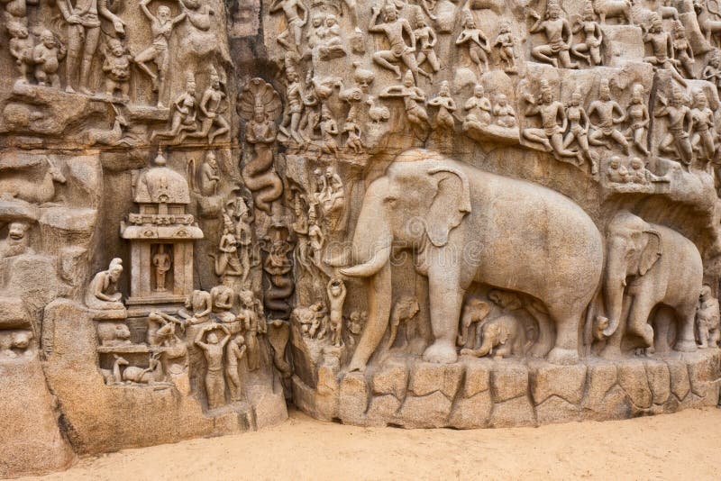 Segment of the Arjuna's Penance (or Descent of the Ganges) bas-relief in Mahabalipuram, India. Segment of the Arjuna's Penance (or Descent of the Ganges) bas-relief in Mahabalipuram, India.