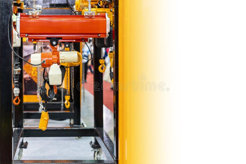 Monorail overhead electric chain hoist with motor trolley hook and remote switch control for industrial with copy space