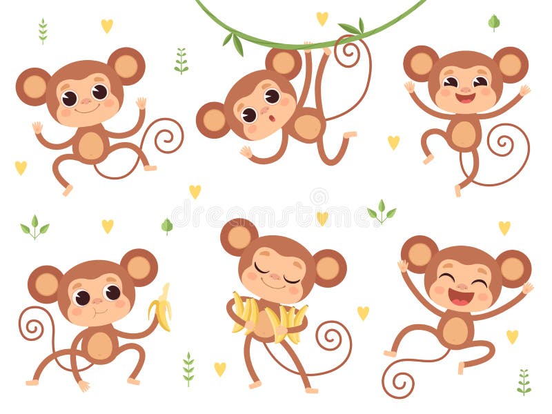 Monos lindos Monos del bebé de los animales salvajes de la selva pequeños que juegan caracteres del vector en actitudes de la acc libre illustration Monos lindos Monos del bebé de los animales salvajes de la selva pequeños que juegan caracteres del vector en actitudes de la acc libre illustration