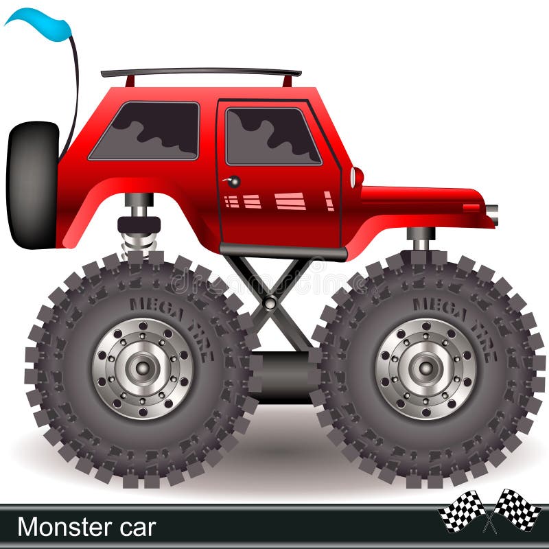 Bright Red Monster Truck with Yellow Flame Decal. Heave Car with Large  Tires and Black Tinted Windows. Flat Vector Icon Stock Vector -  Illustration of game, element: 122779860