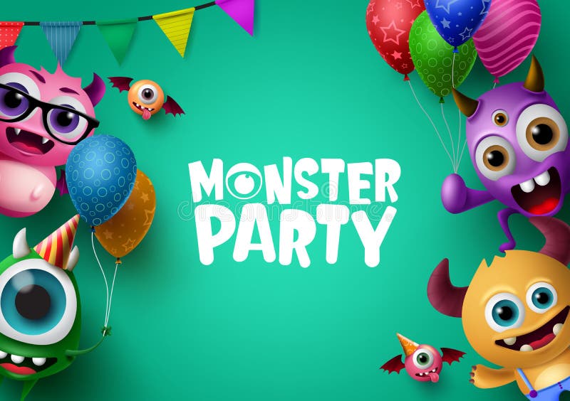 Monster party background template with vector characters. Monster party text in empty space for message. stock illustration