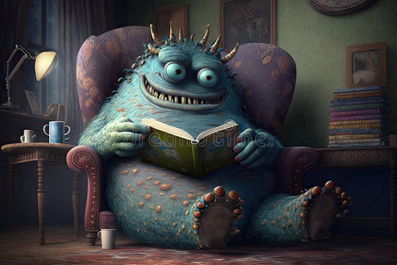 A monster, reading in a cozy armchair, with its feet up on the table