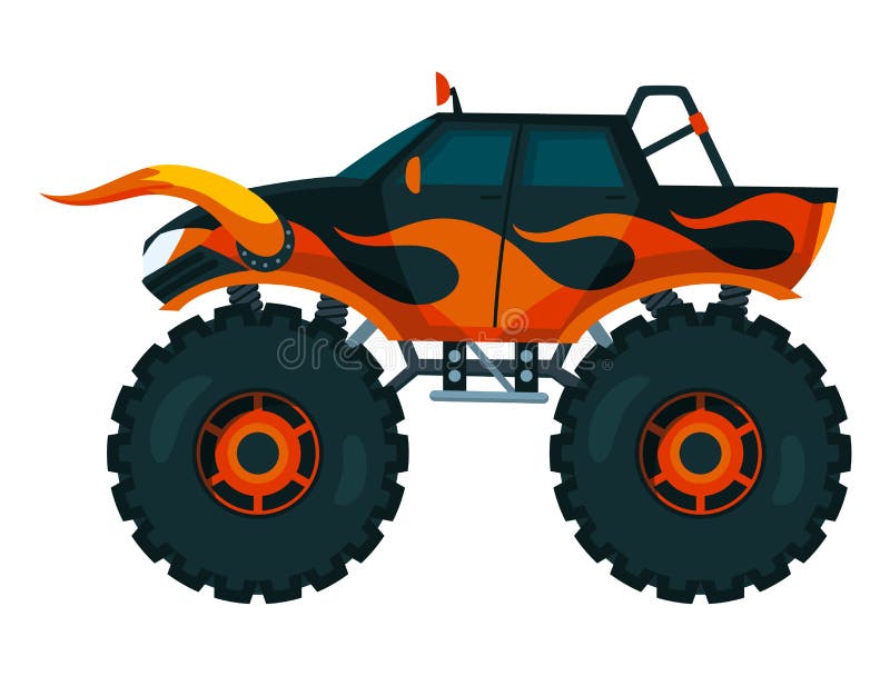 Bright Red Monster Truck with Yellow Flame Decal. Heave Car with Large  Tires and Black Tinted Windows. Flat Vector Icon Stock Vector -  Illustration of game, element: 122779860