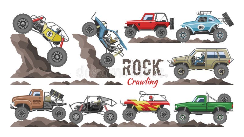 Monster truck vector cartoon rock vehicle crawling in rocks and extreme transport rocky car illustration set of heavy