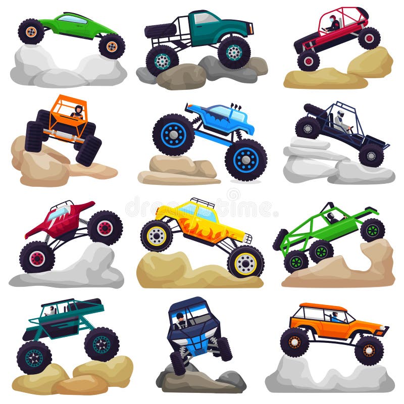 Monster Truck Vector Cartoon Vehicle or Car and Extreme Transport  Illustration Set of Heavy Monstertruck with Large Stock Vector -  Illustration of fire, cartoon: 118152663