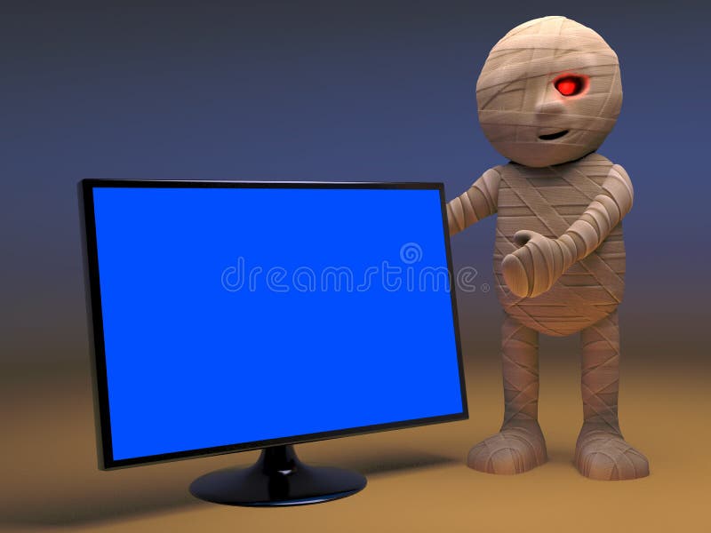 Monster van de beeldverhaal het Egyptische brij met televisievertoning met groot scherm, 3d illustratie royalty-vrije illustratie Monster van de beeldverhaal het Egyptische brij met televisievertoning met groot scherm, 3d illustratie royalty-vrije illustratie