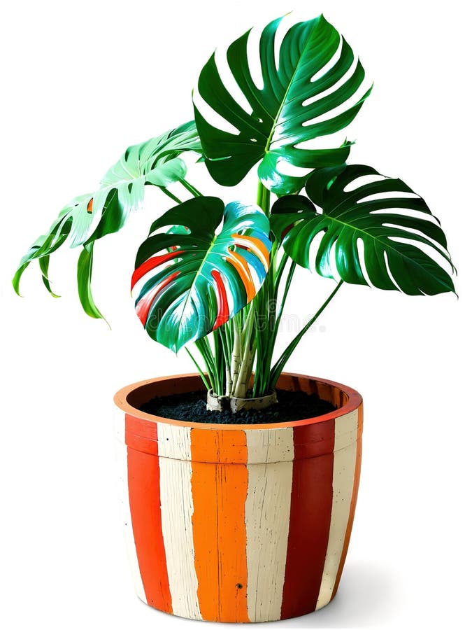 Monstera colorată a recipientului într-un ghiveci din lemn pictat plantele frunzele verzi profunde contrastând cu ghivece stock image