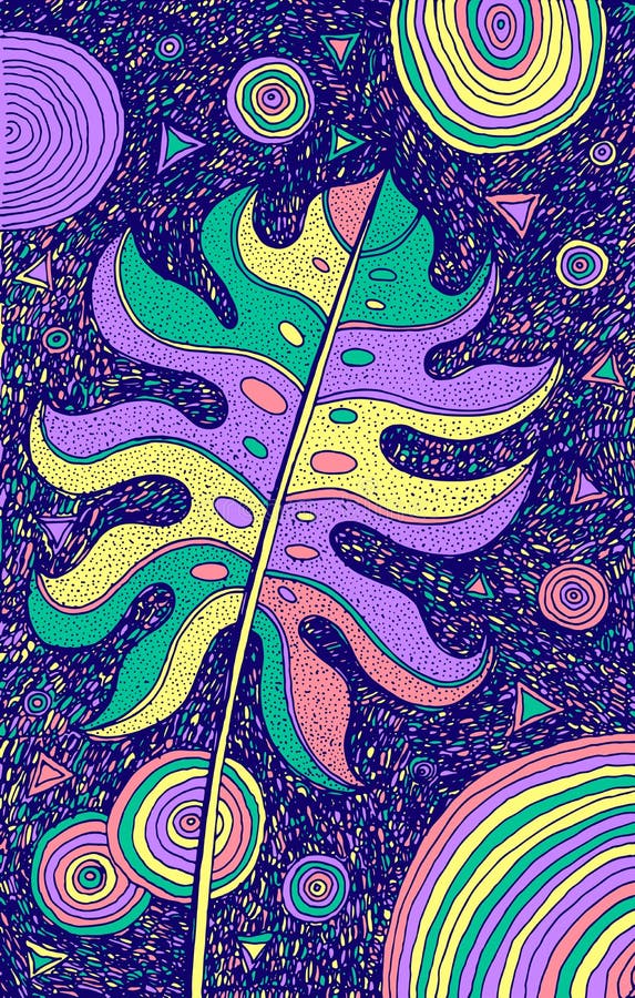 Monstera - florale illustratie kleurrijke plantentekening Grafisch psychedelische multicolored lijnkunst Vectorillustraties