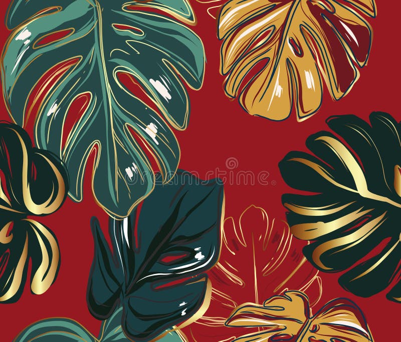 Monstera leaves greenery gold luxury seamless background. Red wallpaper plant, nature design, jungle forest hawaiian print: green