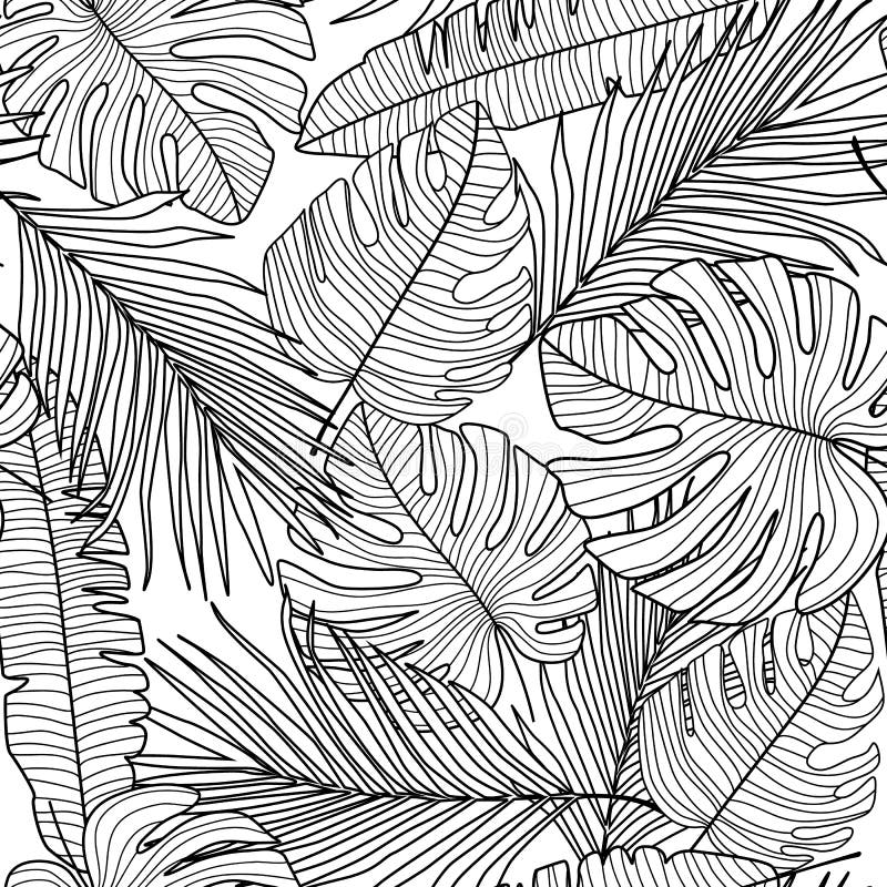 Monstera Line Leaves Seamless Pattern. Modern Exotic Tropical ...