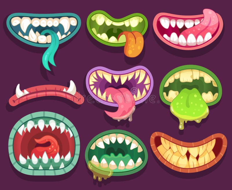 Monstermunnar Tänder och tunga för allhelgonaafton läskiga gigantiska i mun Roliga käkar och galna maws av bisarra varelser