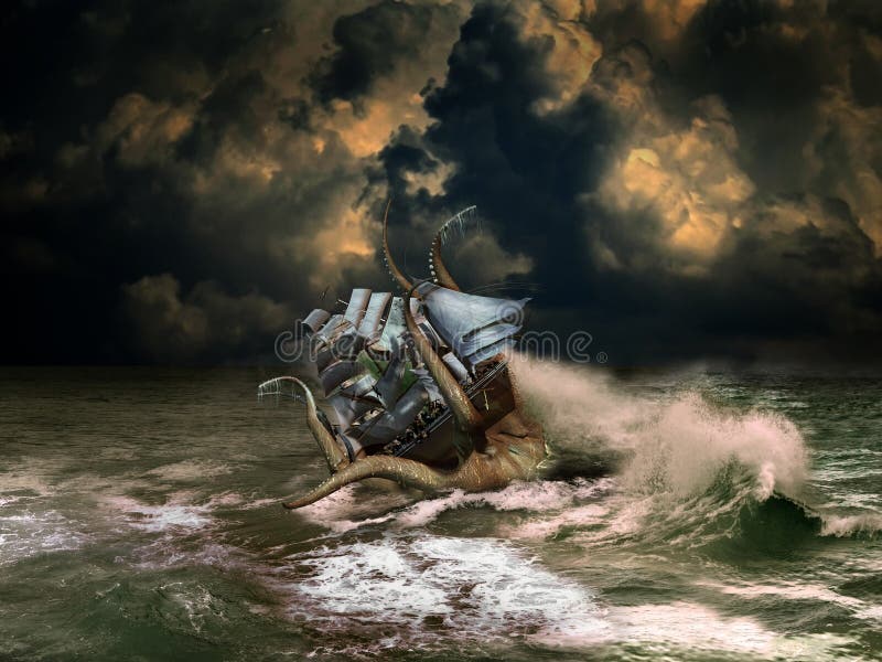 On the ocean, under stormy clouds, gigantic squid attacking a sailboat. On the ocean, under stormy clouds, gigantic squid attacking a sailboat.
