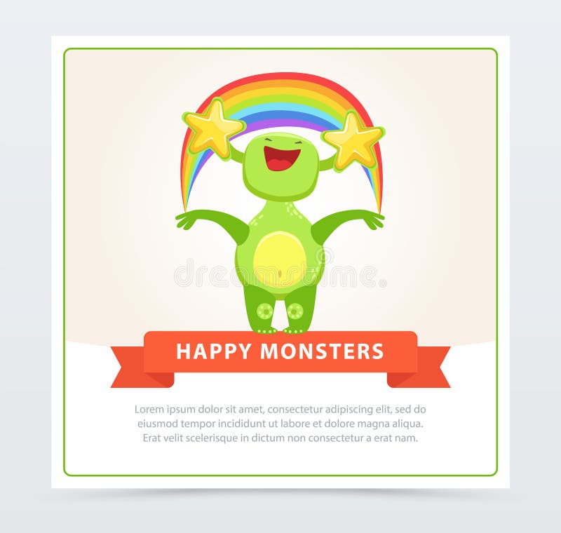 Monstruo verde divertido lindo que sostiene el arco iris colorido, el elemento feliz del vector de la historieta de la bandera de stock de ilustración Monstruo verde divertido lindo que sostiene el arco iris colorido, el elemento feliz del vector de la historieta de la bandera de stock de ilustración