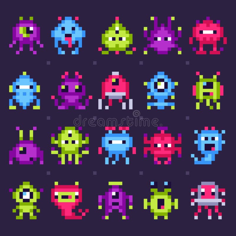Monstruos del espacio del pixel Robots de los videojuegos de arcada, sistema aislado arte retro del vector del pixel de los invas stock de ilustración