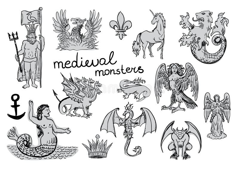 Monstruos medievales stock de ilustración Monstruos medievales stock de ilustración